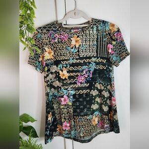 ✨ Johnny Was Boho Floral & Geometric Print Blouse XXS Stretchy Artsy Top